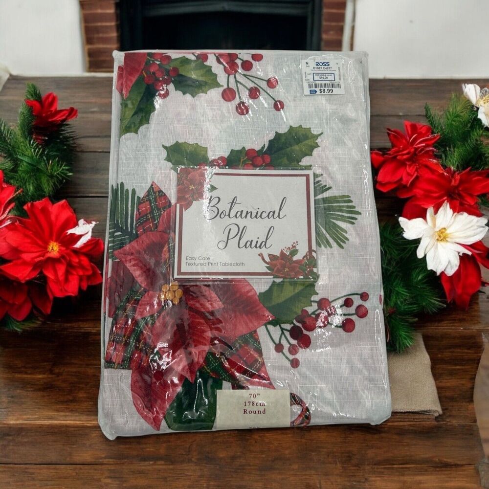 Botanical Plaid Textured Print Tablecloth 70” Round Benson Mills